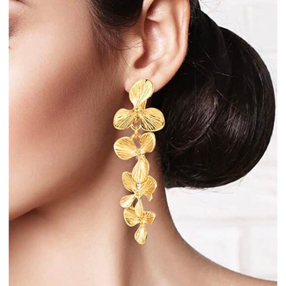 Flower Gold Dangle Earrings SCREW BACK Clip on - Picture 2 of 3